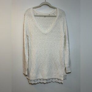 KNITTED & KNOTTED Anthropologie White Sweater with Lace Accents